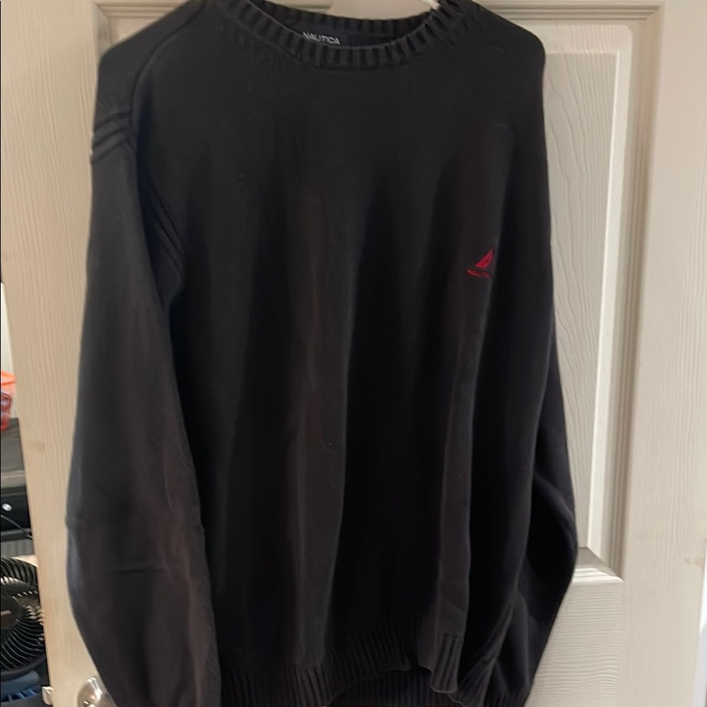 Nautica Black Crewneck Sweater with Ribbed Details